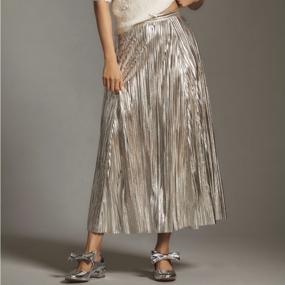 Anthropologie Metallic Silver A-Line Skirt